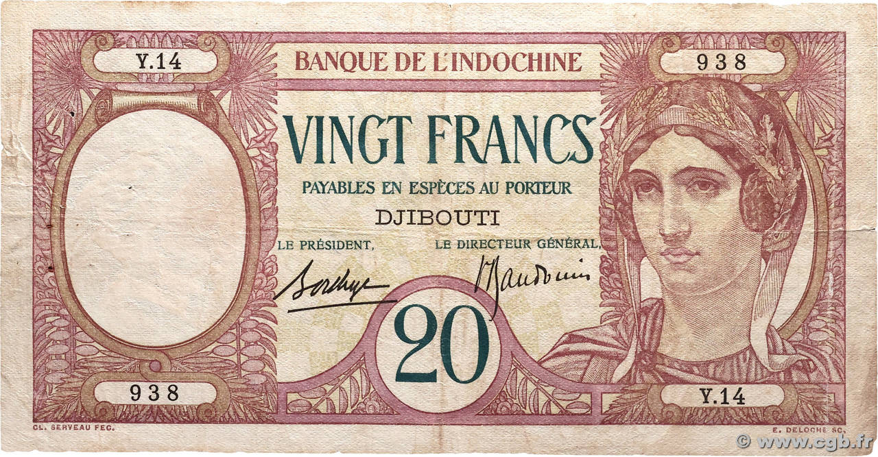 20 Francs DJIBOUTI  1936 P.07a2 pr.TTB