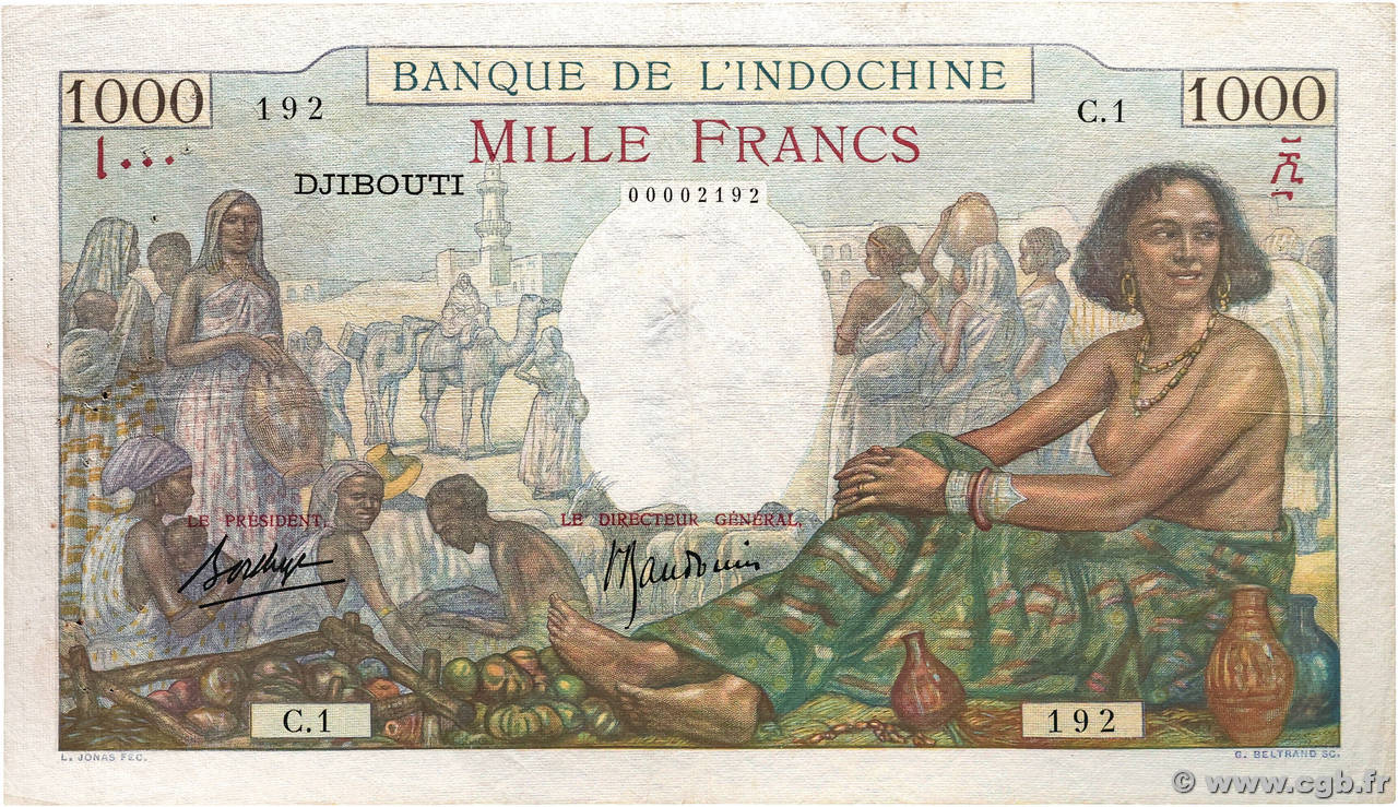 1000 Francs DJIBOUTI  1938 P.10 TTB