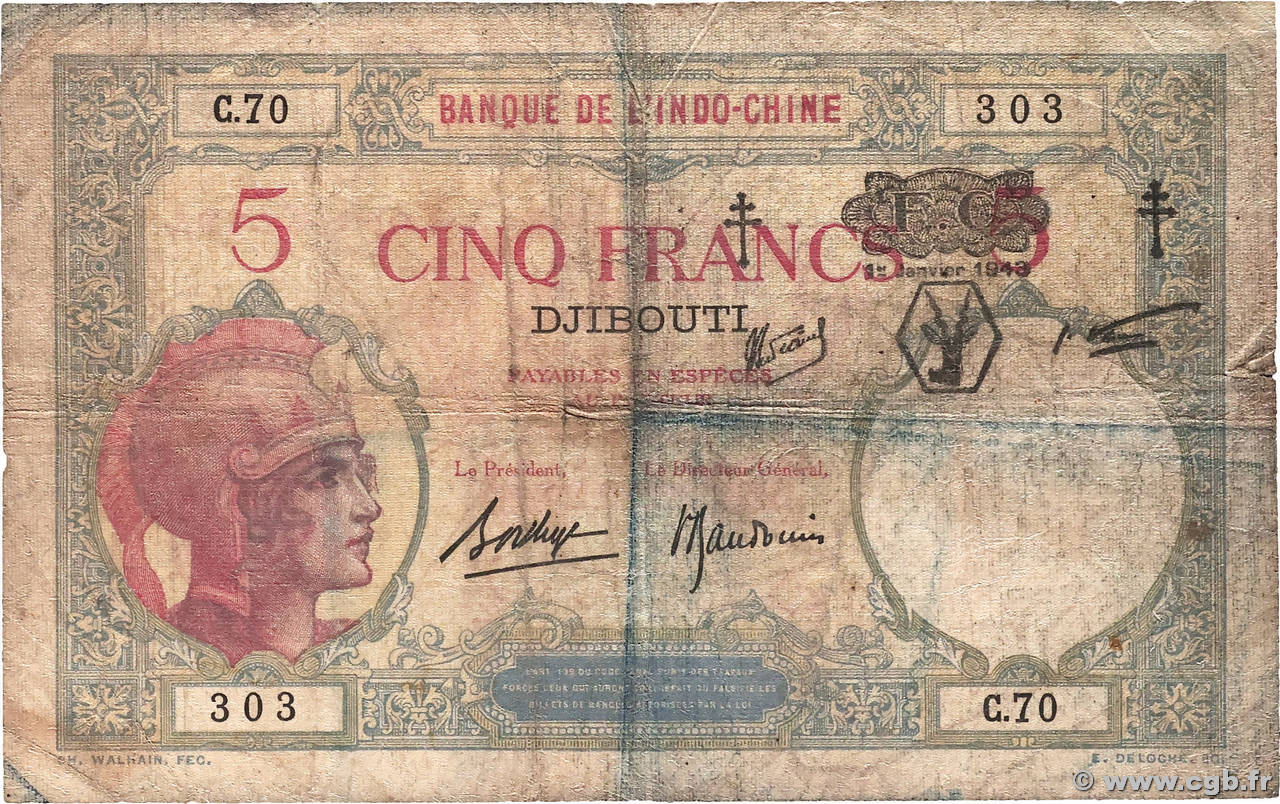 5 Francs DJIBOUTI  1943 P.11 B+