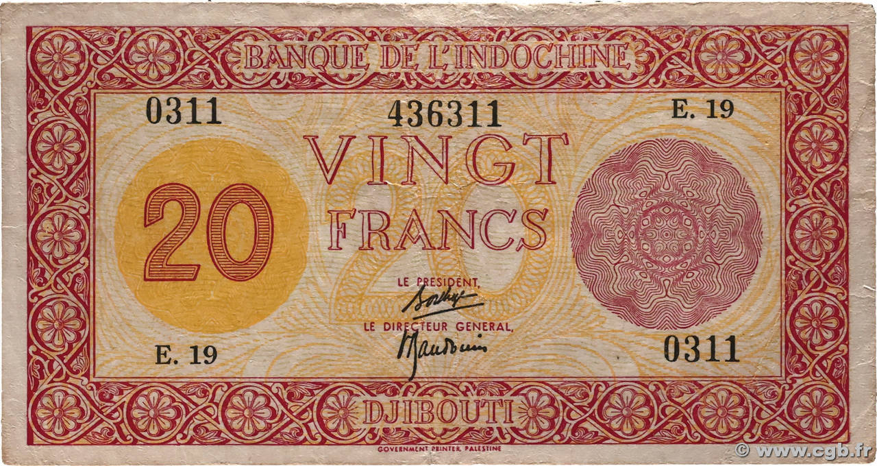 20 Francs Palestine DJIBOUTI  1945 P.15 TTB