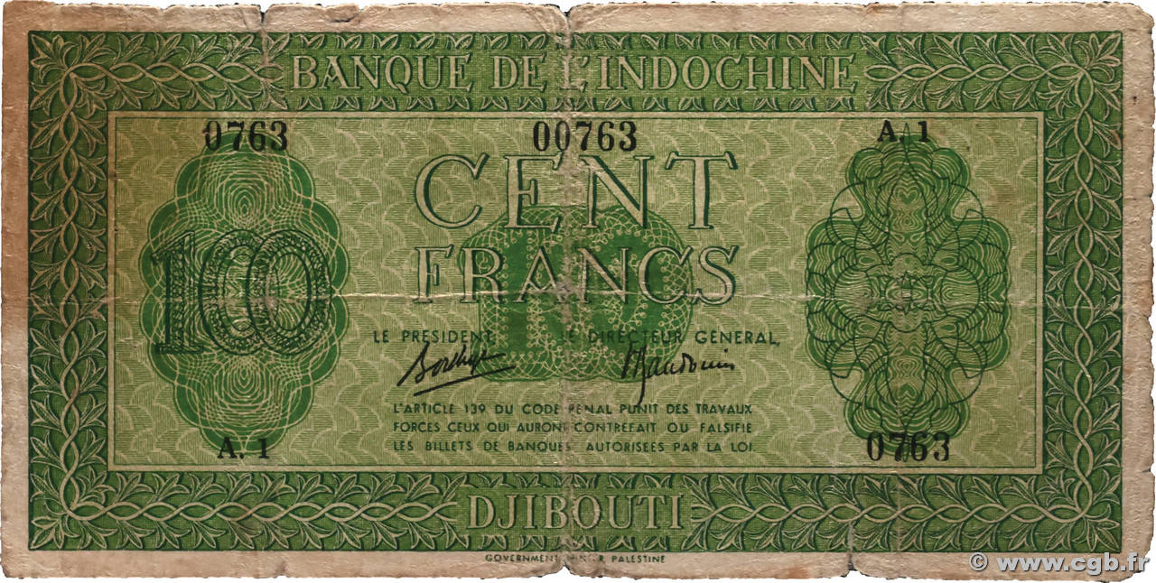 100 Francs Palestine Petit numéro DJIBOUTI  1945 P.16 B