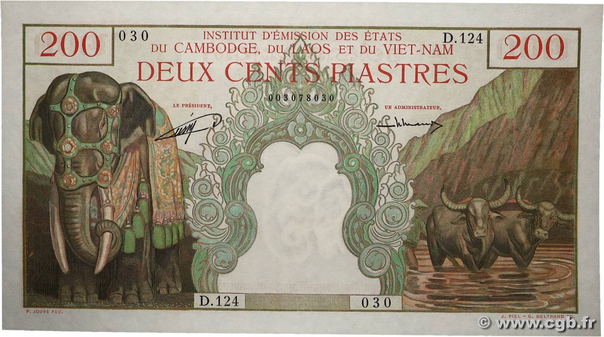 200 Piastres - 200 Riels FRANZÖSISCHE-INDOCHINA  1953 P.098 fST+