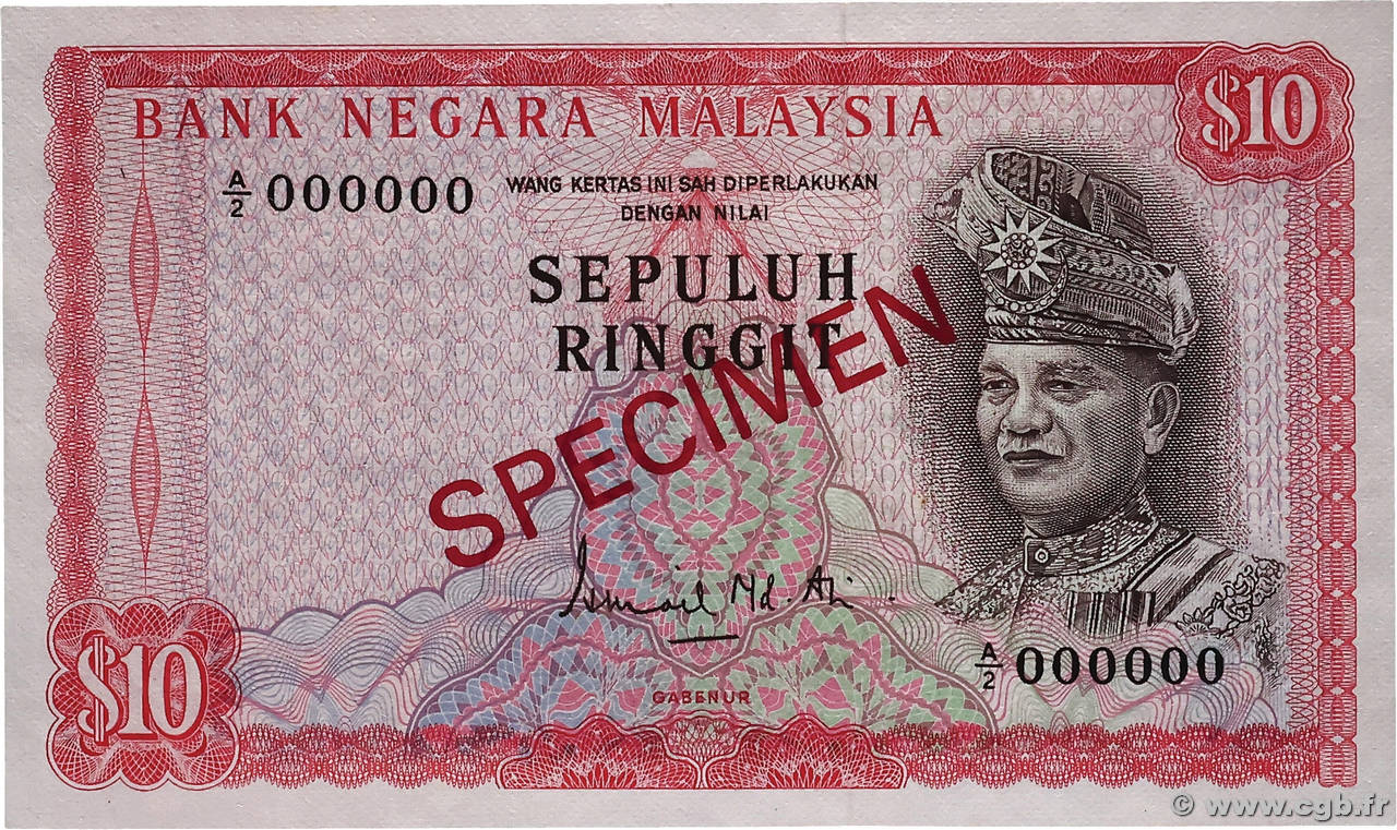 10 Ringitt Spécimen MALAISIE  1972 P.09s NEUF