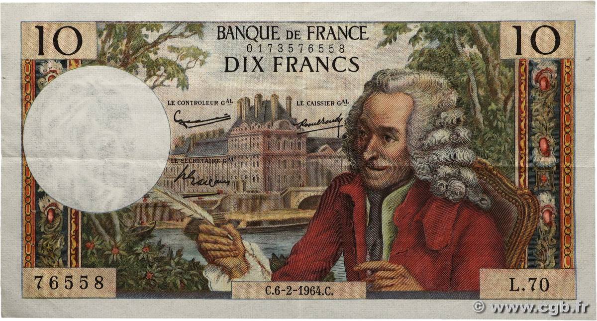 10 Francs VOLTAIRE FRANCE  1964 F.62.08 VF+