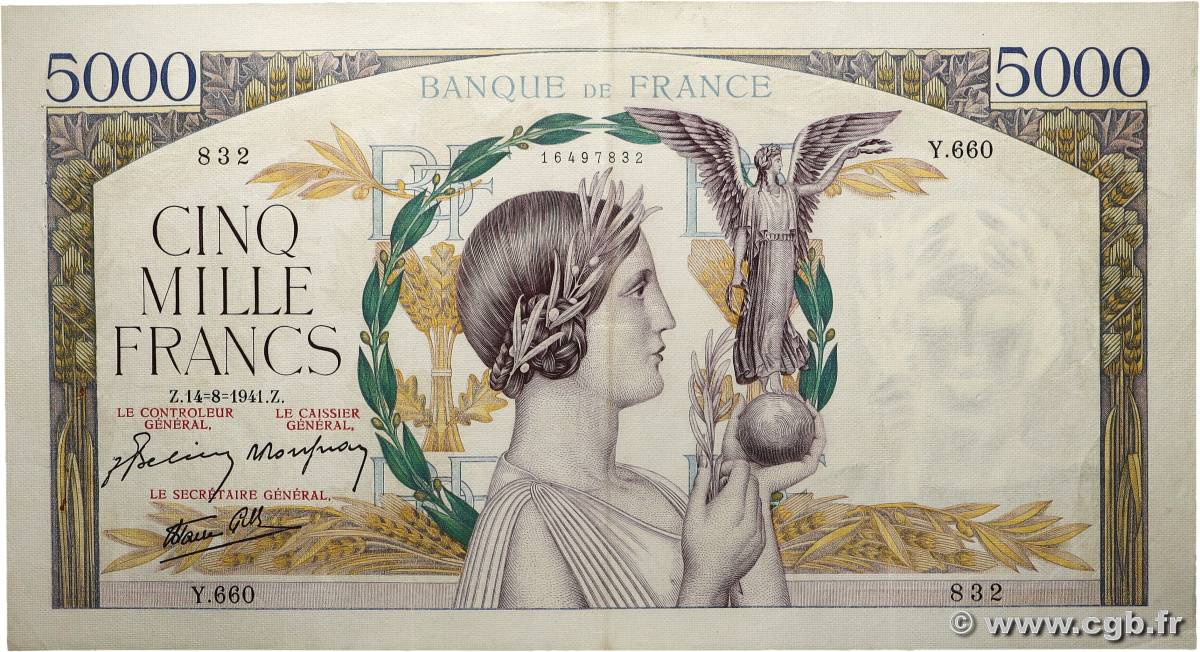 5000 Francs VICTOIRE Impression à plat FRANKREICH  1941 F.46.25 fVZ