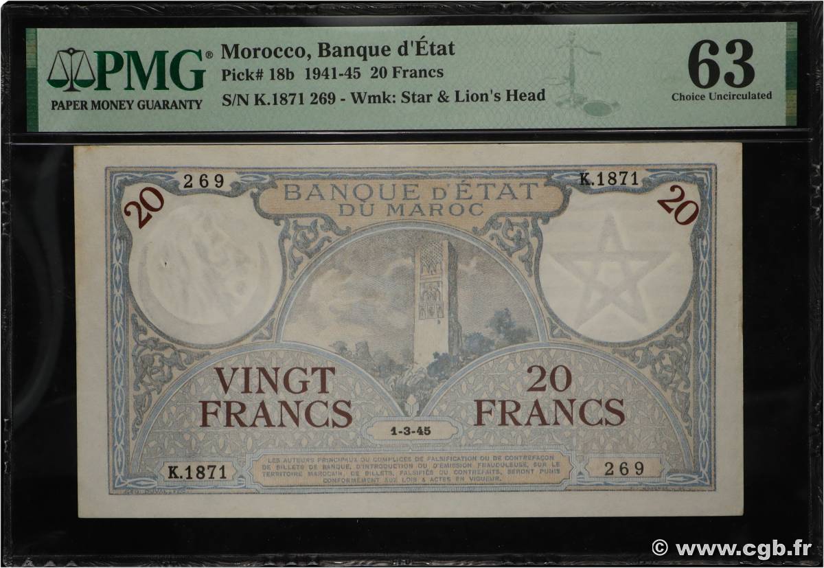 20 Francs MARUECOS  1945 P.18b SC+
