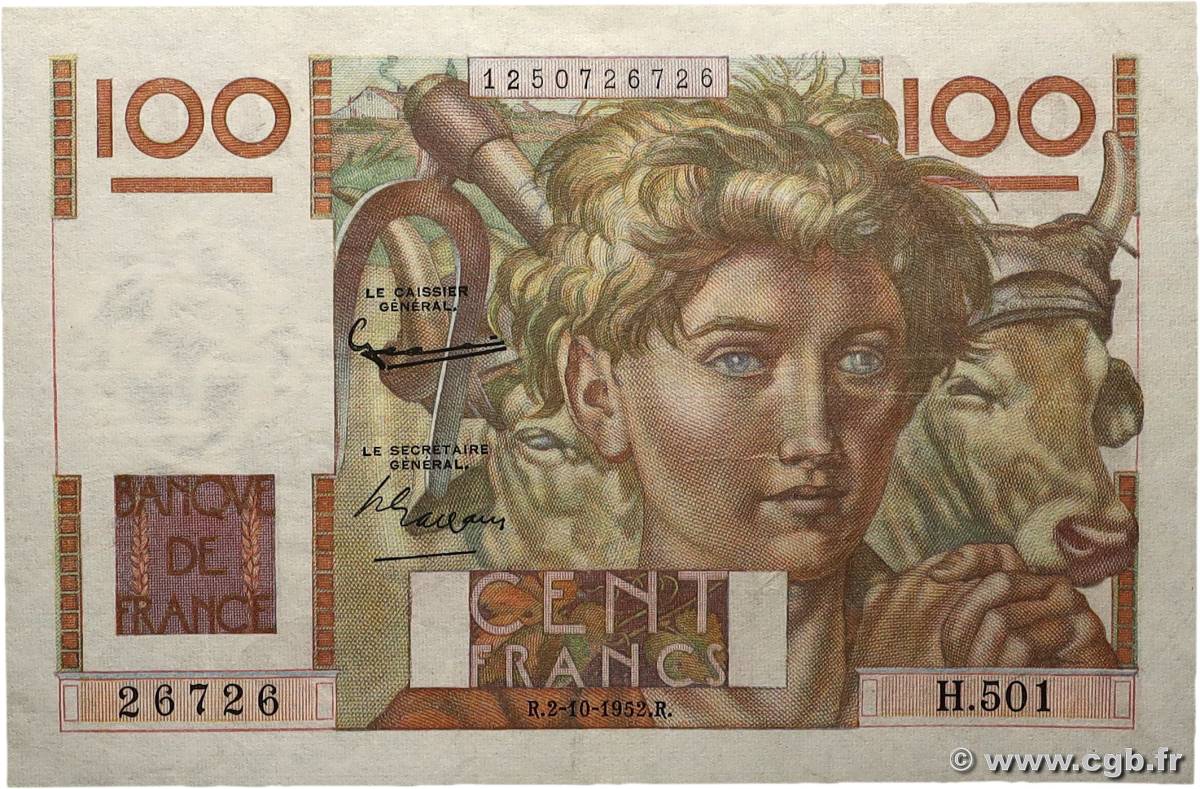 100 Francs JEUNE PAYSAN filigrane inversé FRANCE  1952 F.28bis.01 VF+