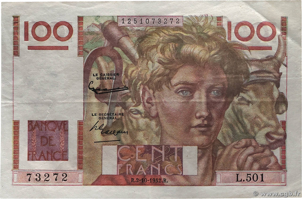 100 Francs JEUNE PAYSAN filigrane inversé FRANCE  1952 F.28bis.01 pr.SUP