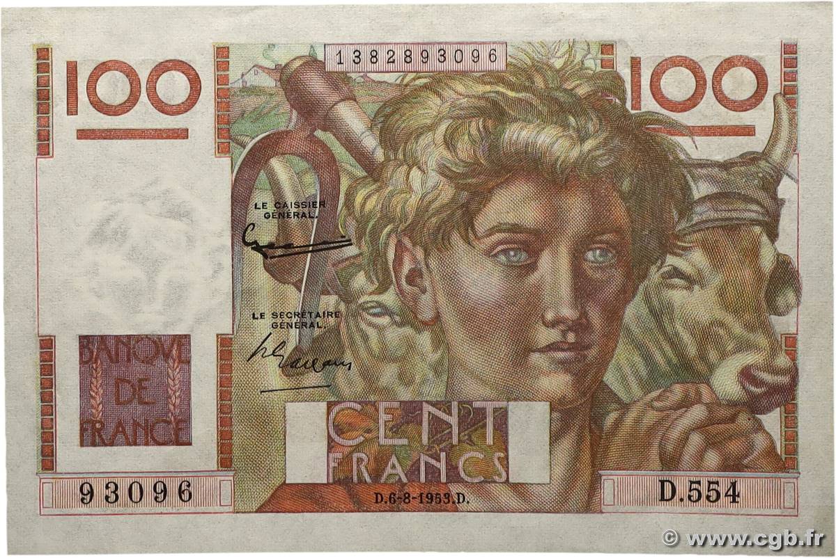 100 Francs JEUNE PAYSAN filigrane inversé FRANKREICH  1952 F.28bis.02 fST