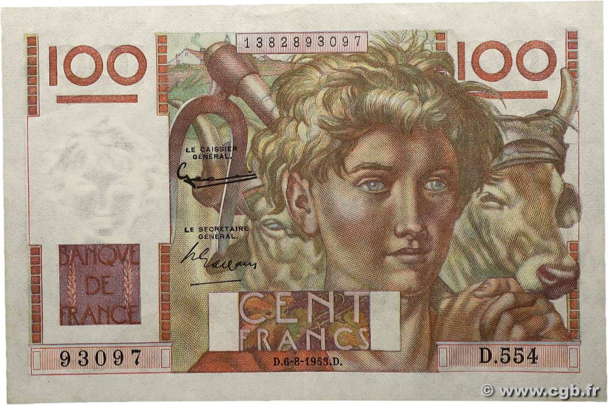 100 Francs JEUNE PAYSAN filigrane inversé FRANKREICH  1952 F.28bis.02 fST