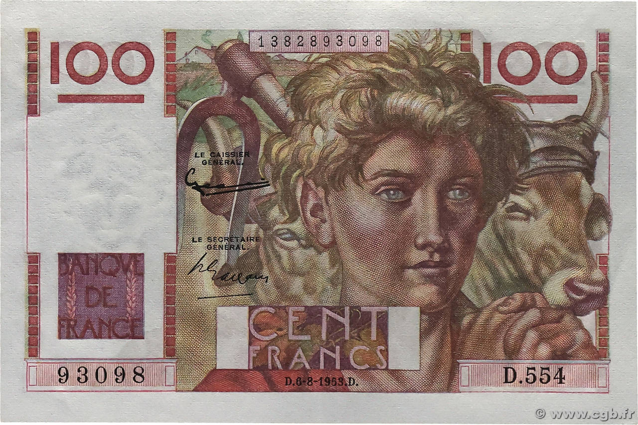 100 Francs JEUNE PAYSAN filigrane inversé FRANCE  1952 F.28bis.02 SPL