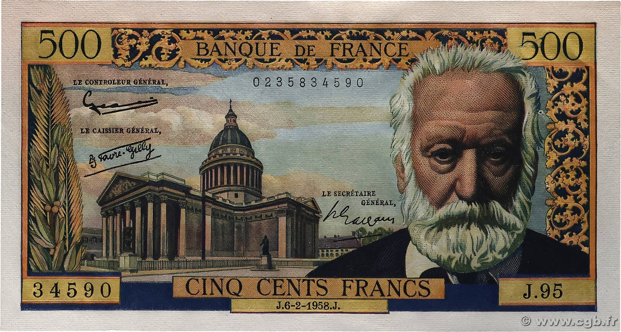 500 Francs VICTOR HUGO FRANCE  1958 F.35.08 pr.SPL