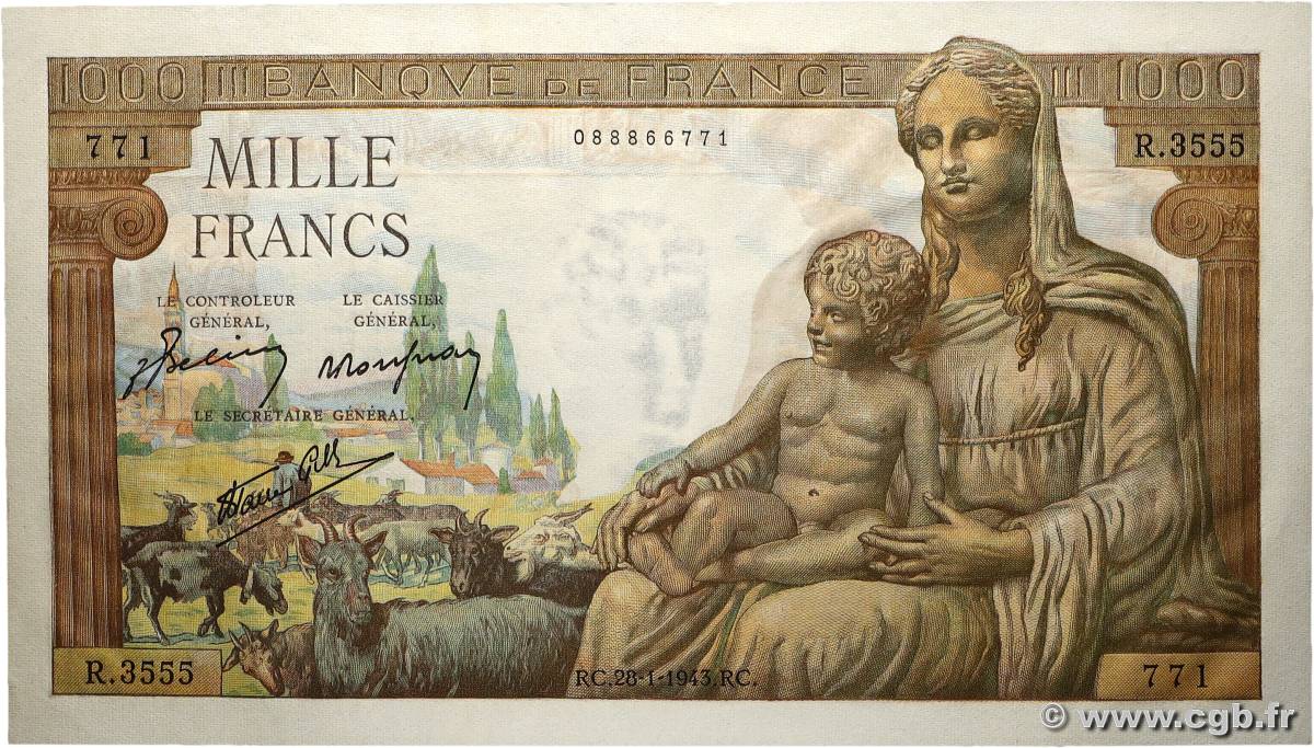 1000 Francs DÉESSE DÉMÉTER FRANKREICH  1943 F.40.17 fST+