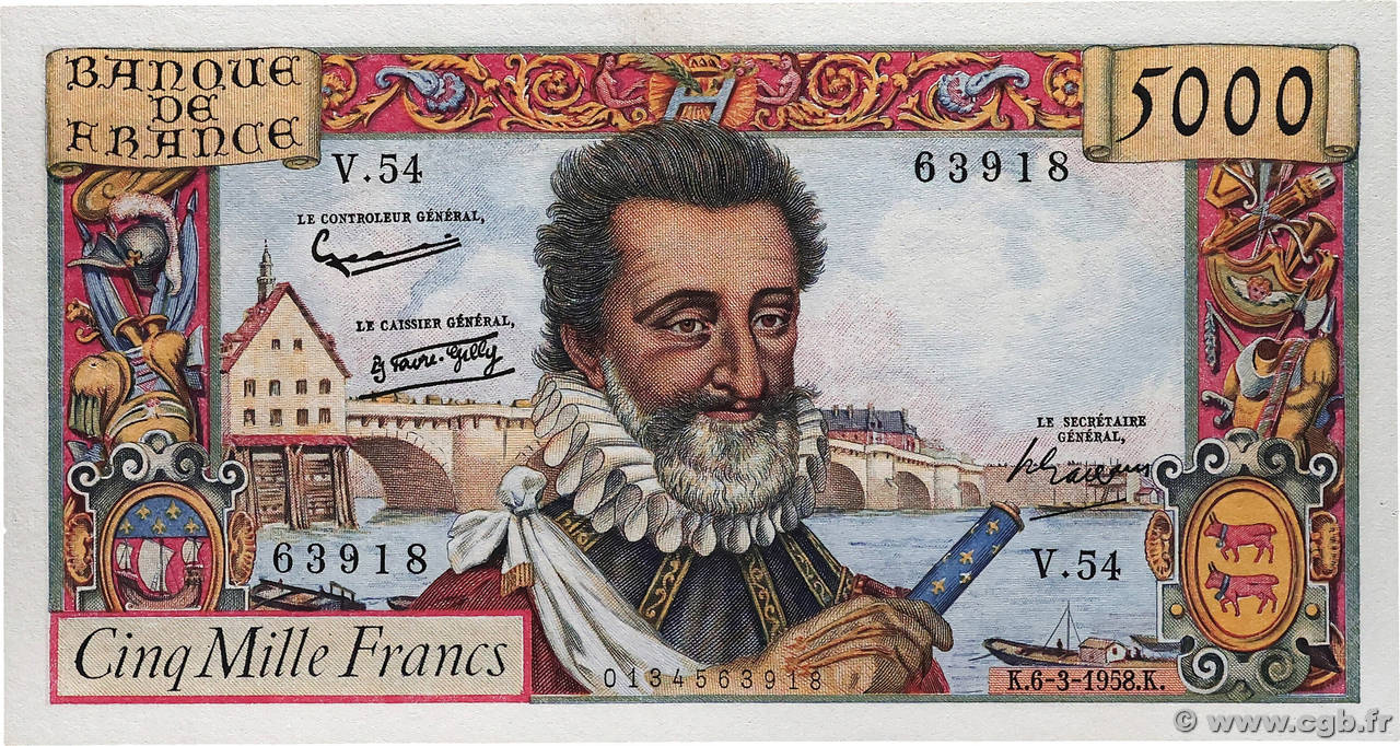 5000 Francs HENRI IV FRANCE  1958 F.49.06 pr.SUP