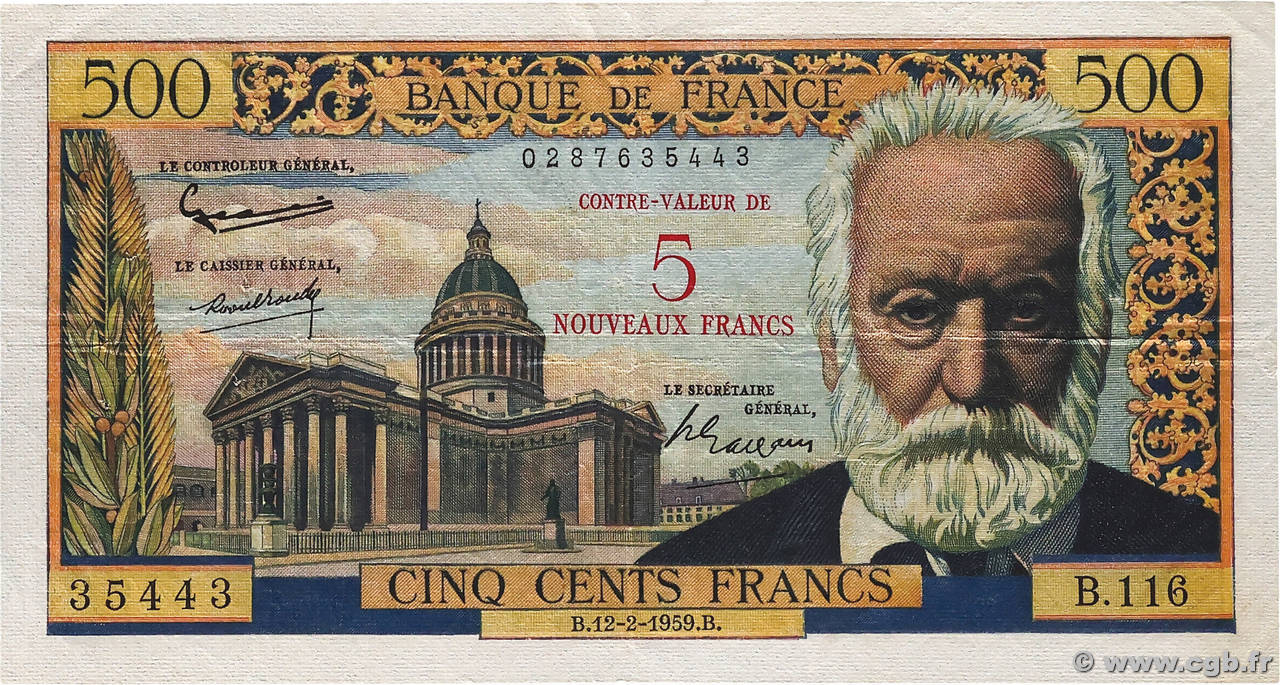 5 NF sur 500 Francs Victor HUGO FRANCE  1959 F.52.02 TTB