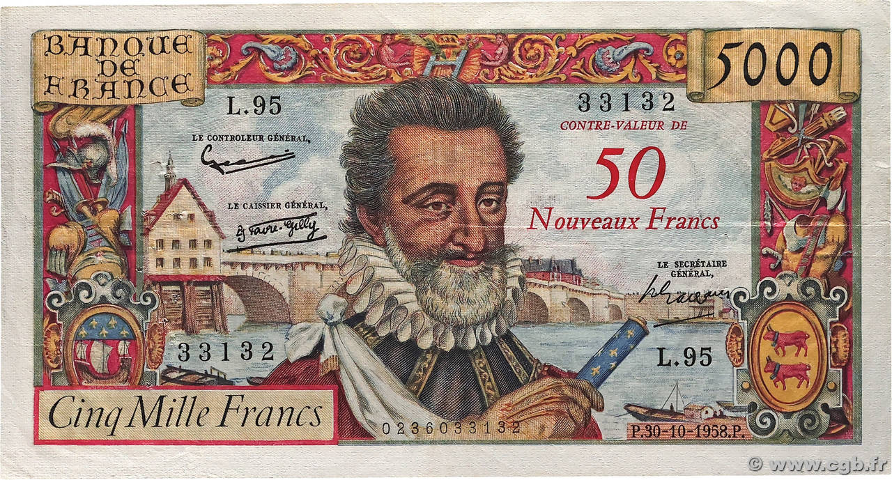 50 NF sur 5000 Francs HENRI IV FRANCE  1958 F.54.01 TTB