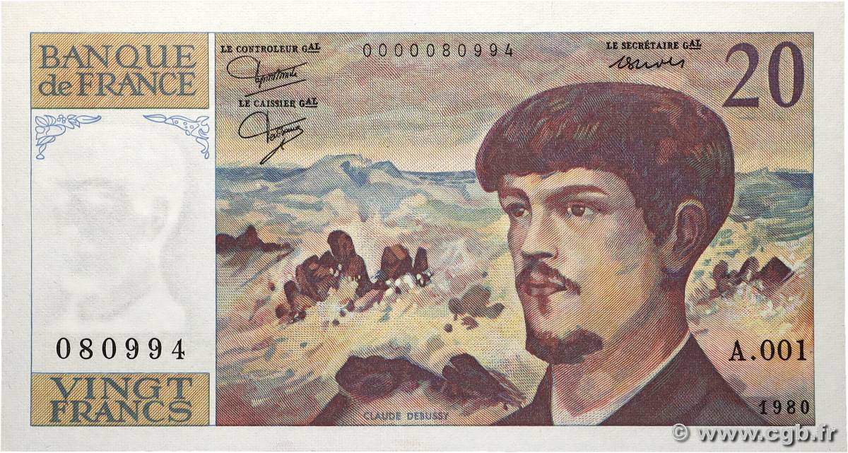 20 Francs DEBUSSY FRANKREICH  1980 F.66.01A1 fST+