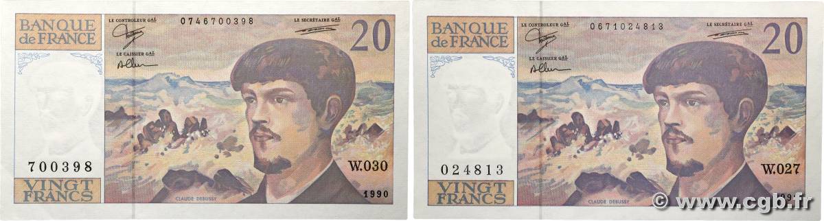 20 Francs DEBUSSY à fil de sécurité Lot FRANKREICH  1990 F.66bis.01 VZ