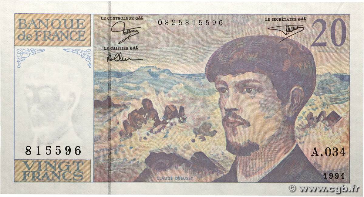 20 Francs DEBUSSY à fil de sécurité FRANCE  1991 F.66bis.02A34 AU+
