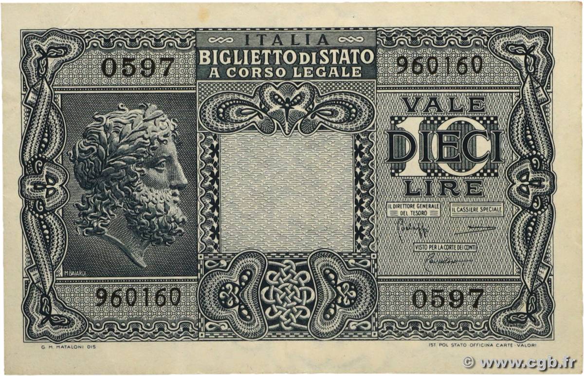 10 Lire ITALIE  1944 P.032c TTB+