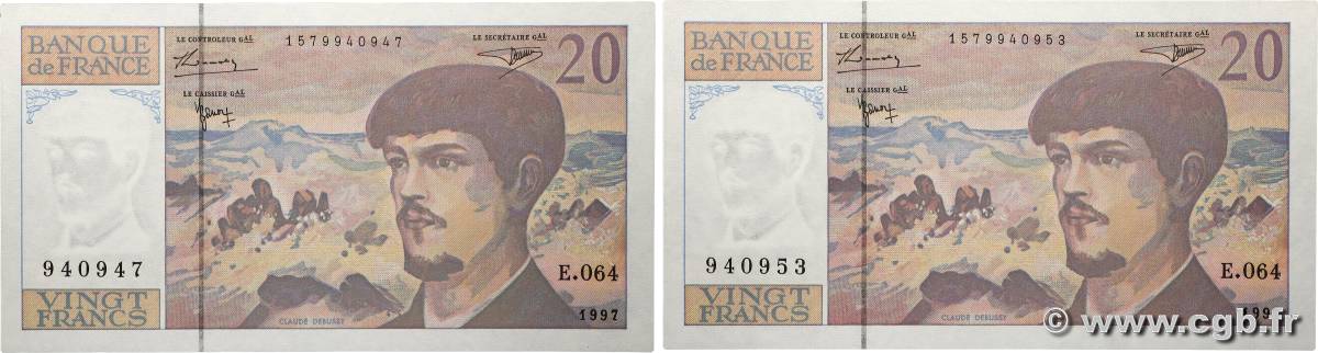 20 Francs DEBUSSY Modifié Lot FRANKREICH  1997 F.66ter.02-64 ST