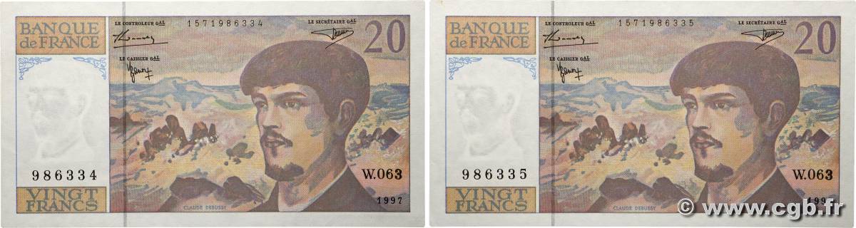 20 Francs DEBUSSY Modifié Consécutifs FRANKREICH  1997 F.66ter.02-63 fST+