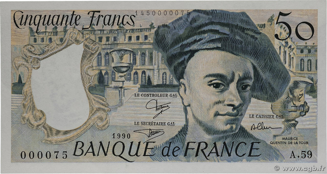 50 Francs QUENTIN DE LA TOUR Petit numéro FRANCE  1990 F.67.16A59 SPL+