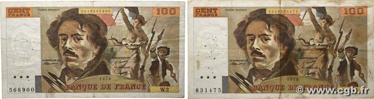 100 Francs DELACROIX Lot FRANKREICH  1978 F.68.02 et F.69.01a fS