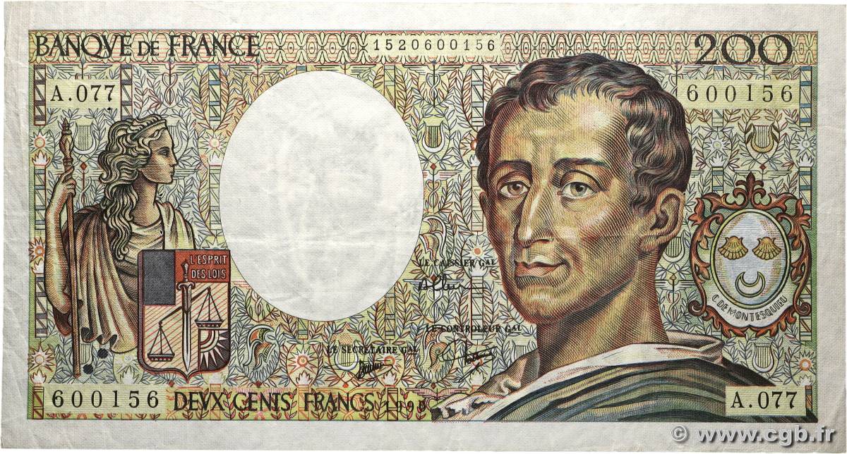 200 Francs MONTESQUIEU FRANCIA  1990 F.70.10aA77 q.BB