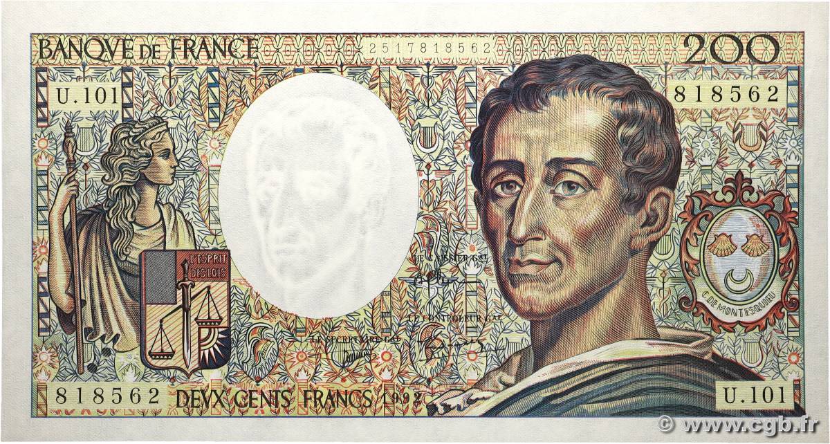 200 Francs MONTESQUIEU alphabet 101 FRANKREICH  1992 F.70bis.01 fST