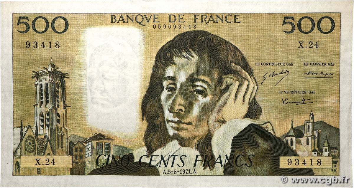 500 Francs PASCAL FRANKREICH  1971 F.71.06 VZ