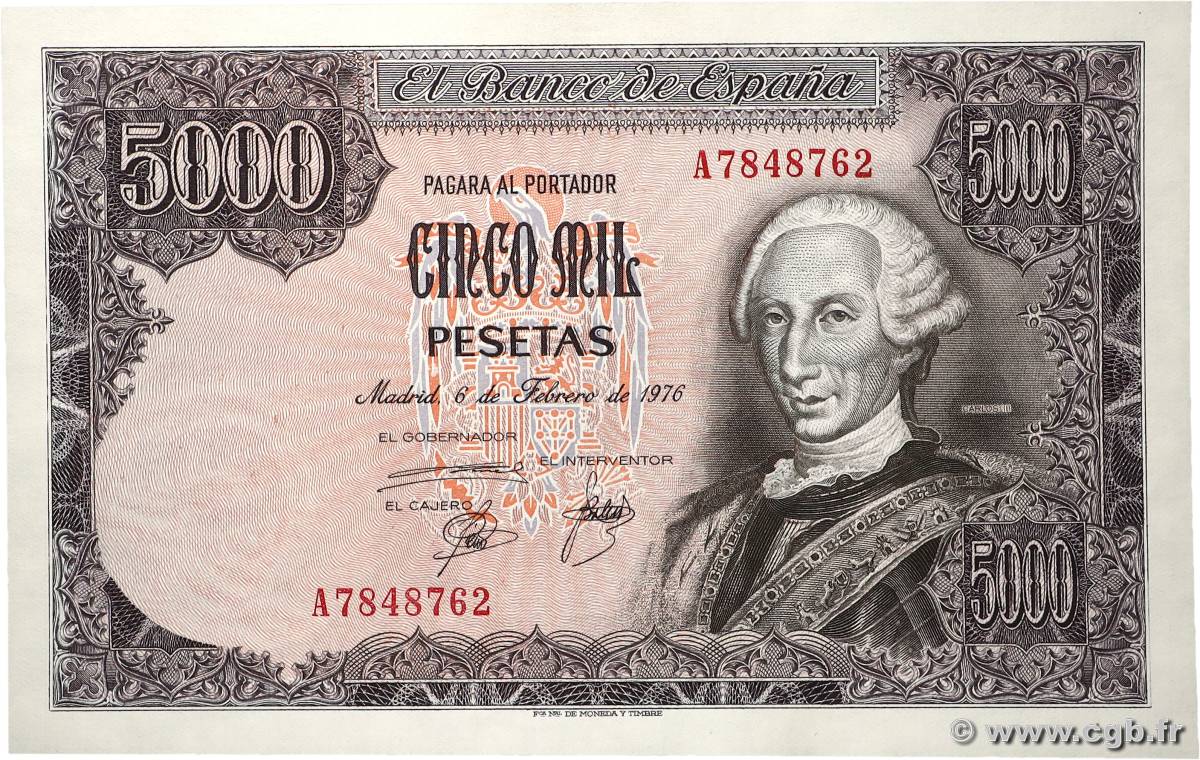 5000 Pesetas ESPAGNE  1976 P.155 SPL+