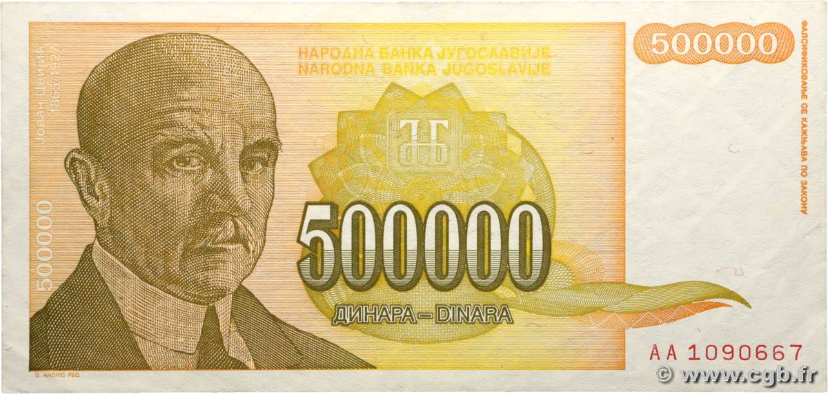 500000 Dinara YOUGOSLAVIE  1994 P.143 SUP