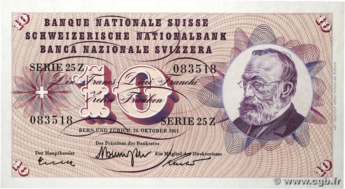 10 Francs SUISSE  1961 P.45g fST+