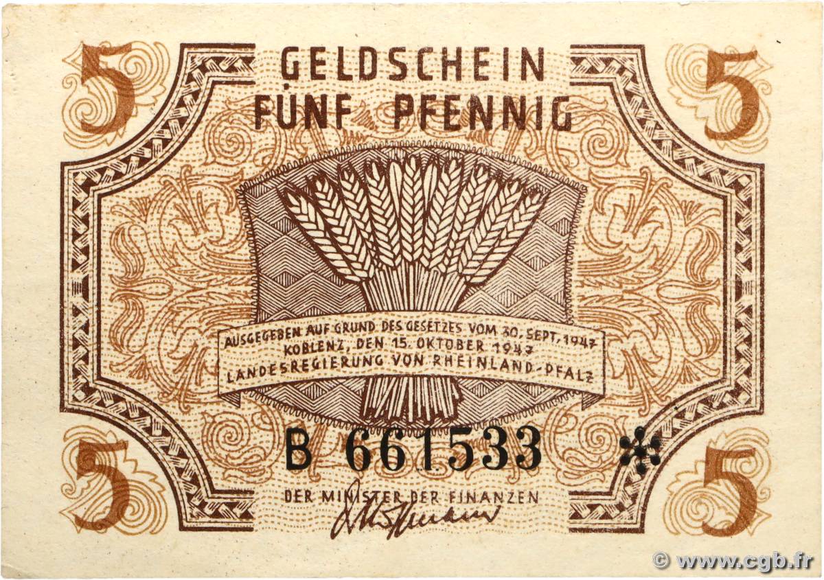 5 Pfennig GERMANY Coblenz 1947 PS.1004 XF