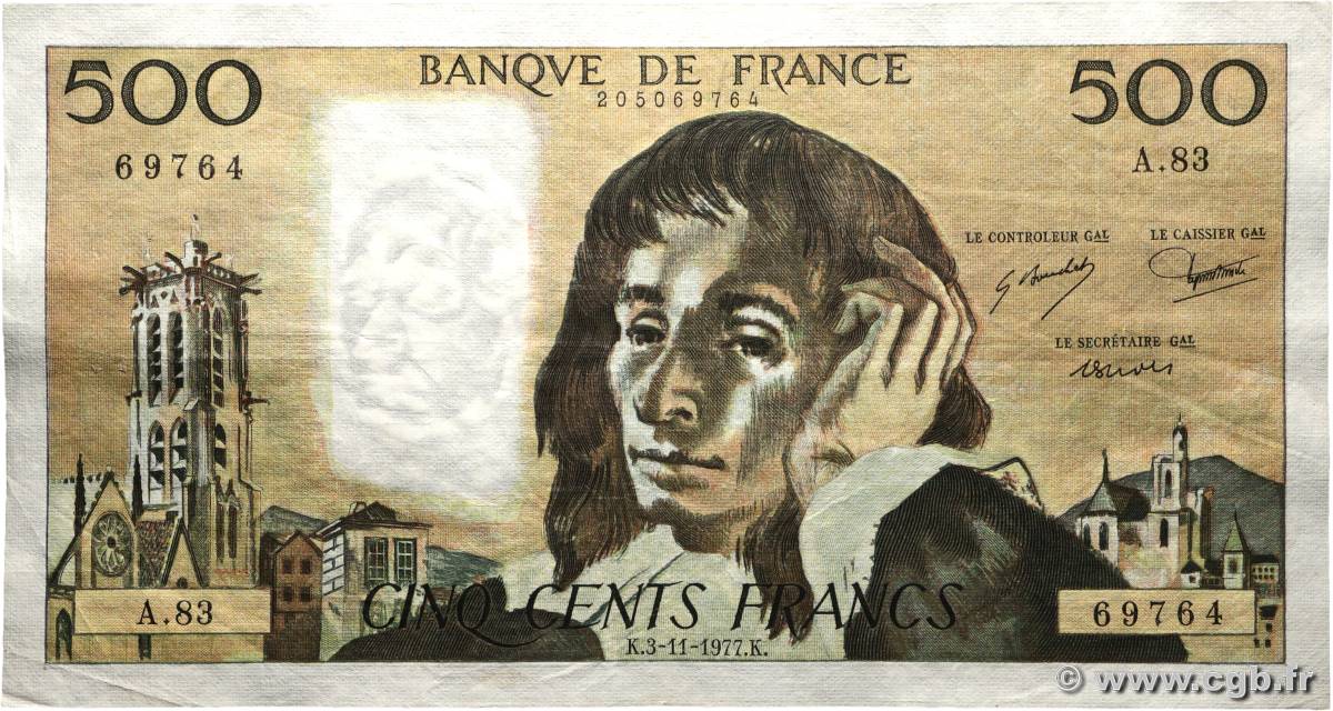 500 Francs PASCAL FRANCE  1977 F.71.17 TB+