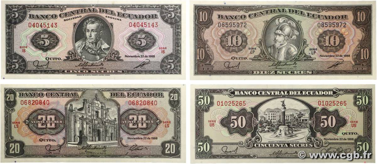 5, 10, 20 et 50 Sucres Lot ÉQUATEUR  1988 P.113d à P.122a NEUF