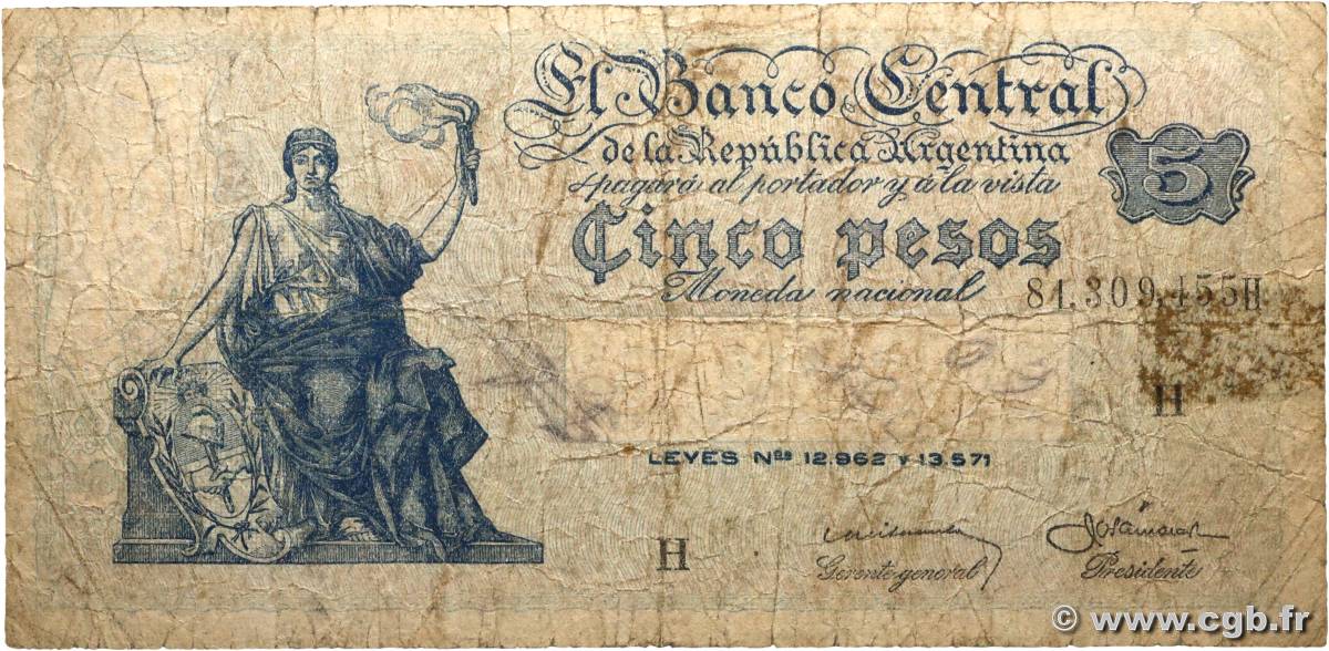 5 Pesos ARGENTINE  1951 P.264d B