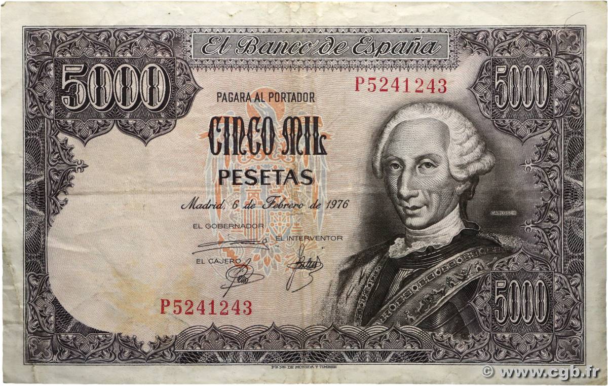 5000 Pesetas SPAIN  1976 P.155 F+