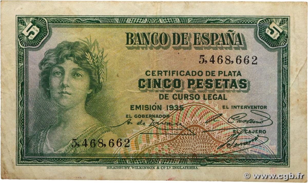 5 Pesetas SPANIEN  1935 P.085a fSS
