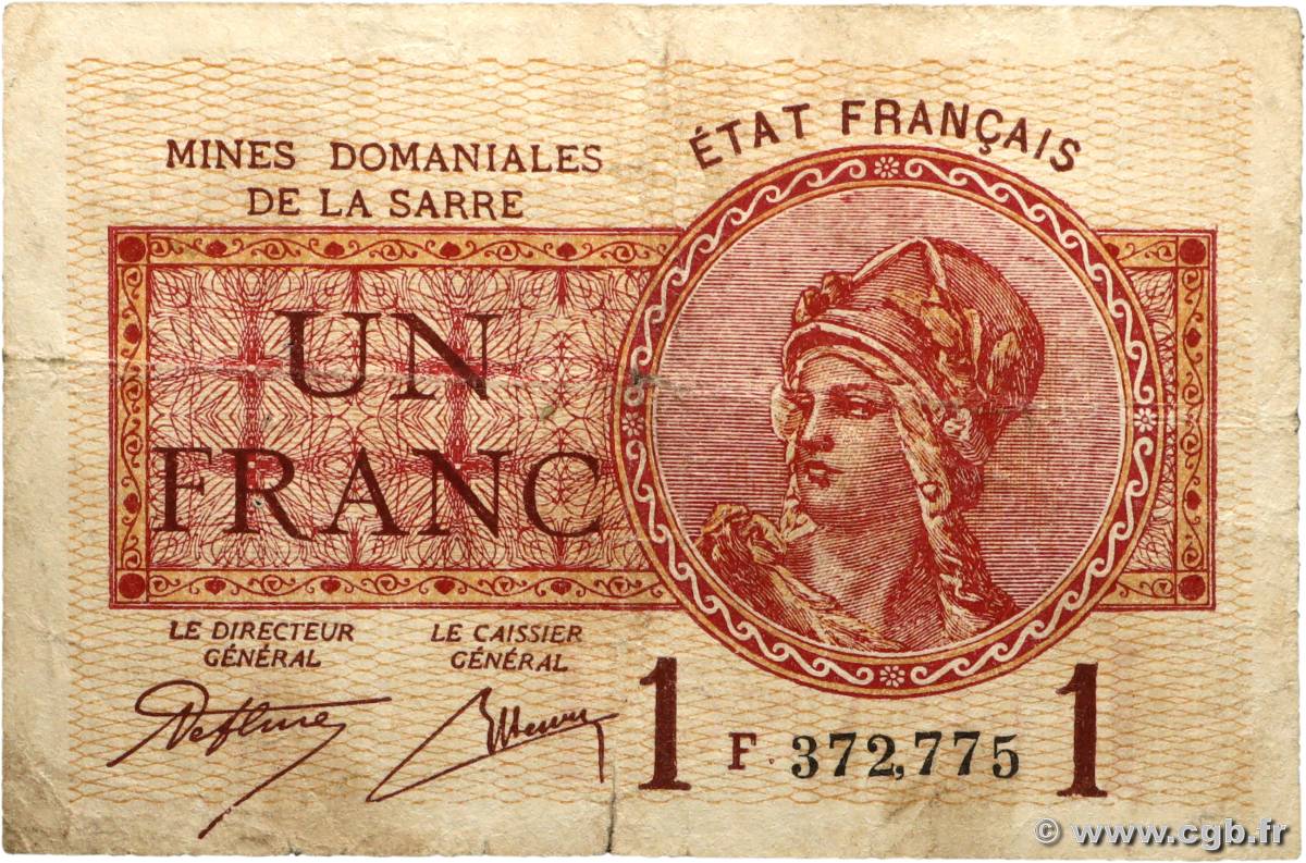 1 Franc MINES DOMANIALES DE LA SARRE FRANCIA  1920 VF.51.06 q.MB