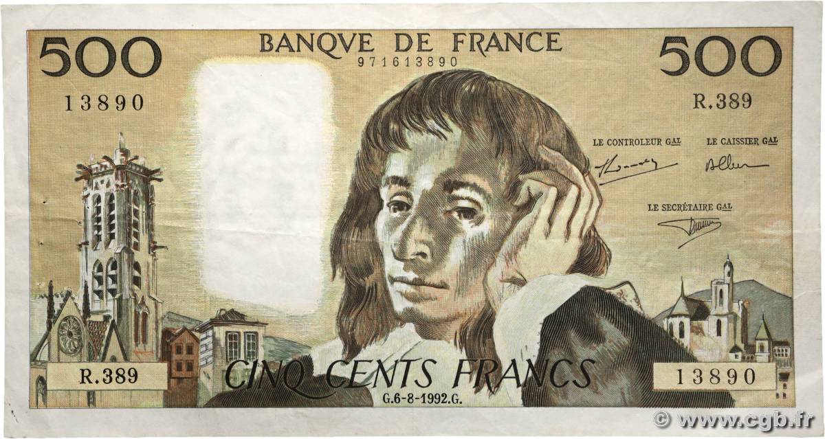 500 Francs PASCAL FRANCE  1992 F.71.50 VF