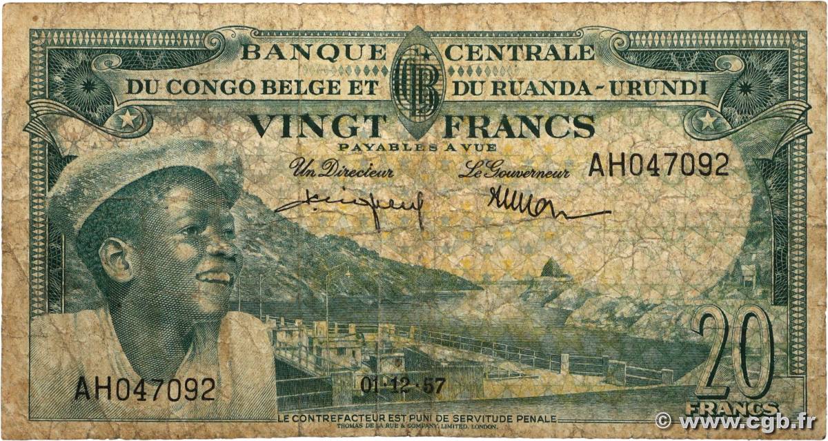 20 Francs BELGIAN CONGO  1957 P.31 VG