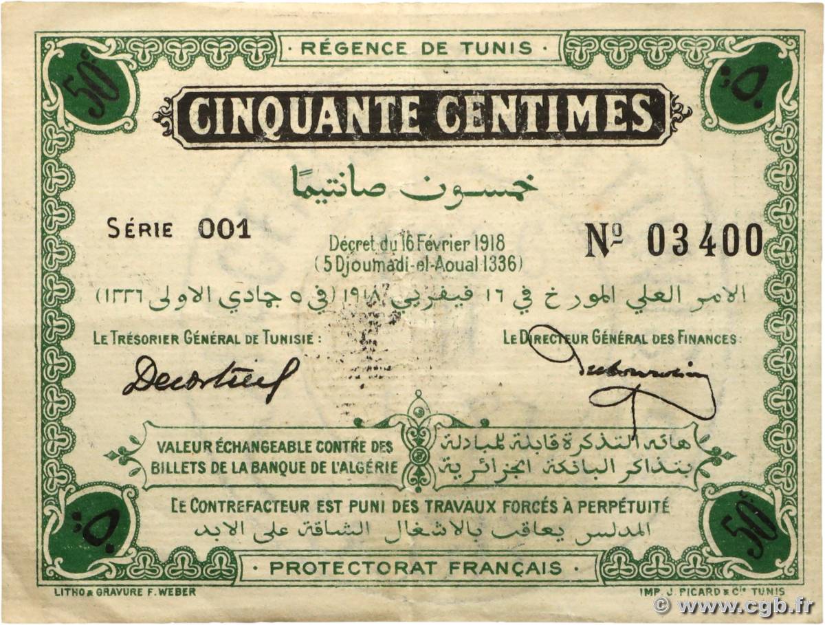 50 Centimes TUNISIA  1918 P.32a XF-