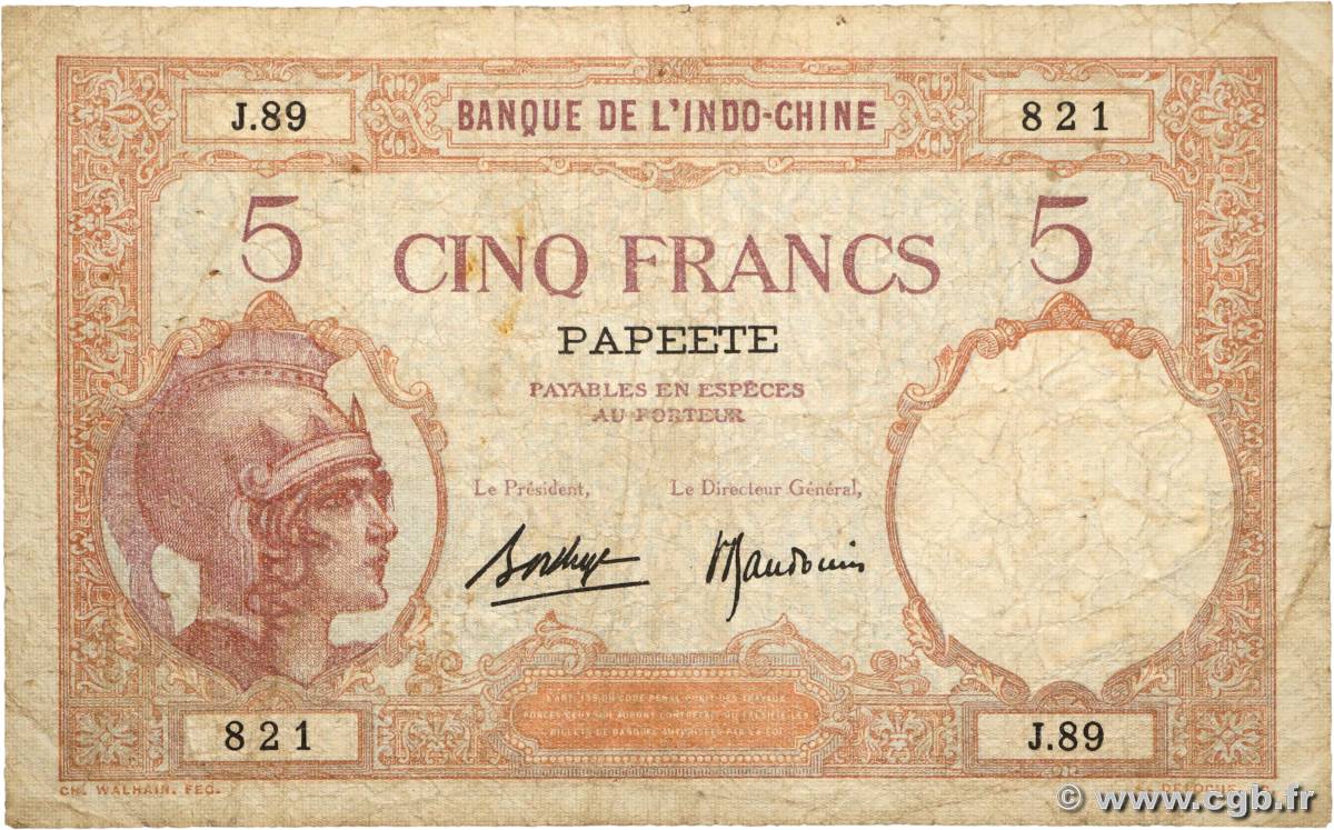 5 Francs TAHITI  1930 P.11c VG