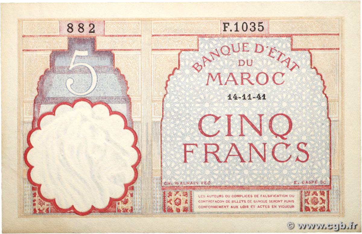 5 Francs MOROCCO  1941 P.23Ab VF+