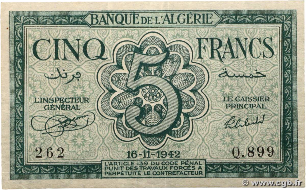 5 Francs ALGERIA  1942 P.091 F+