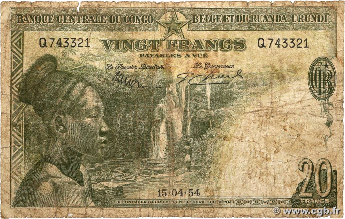 20 Francs BELGIAN CONGO  1954 P.26 G