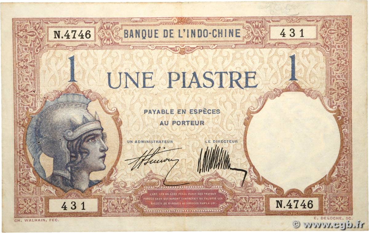 1 Piastre FRENCH INDOCHINA  1927 P.048b XF-