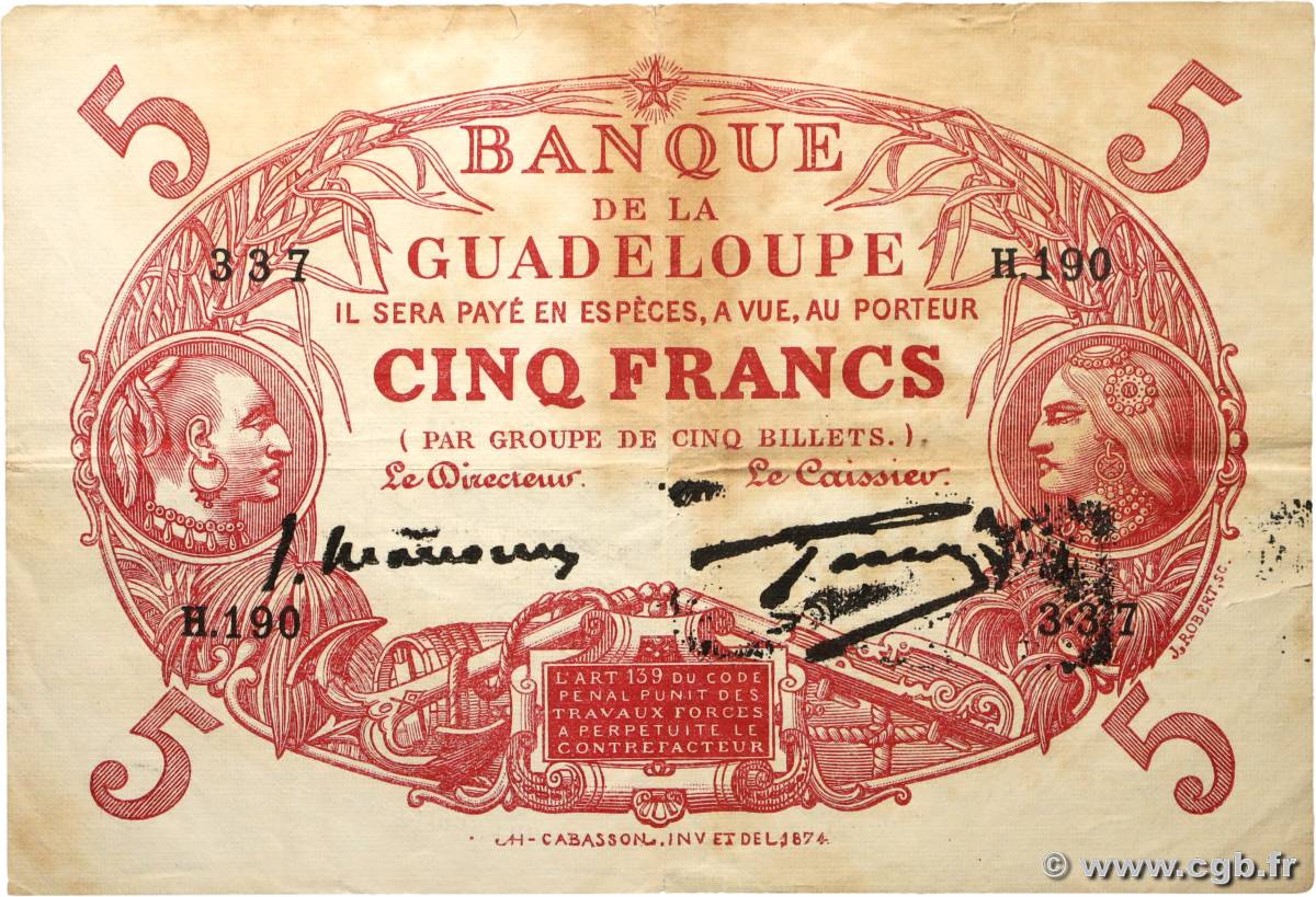 5 Francs Cabasson rouge GUADELOUPE  1934 P.07c VF